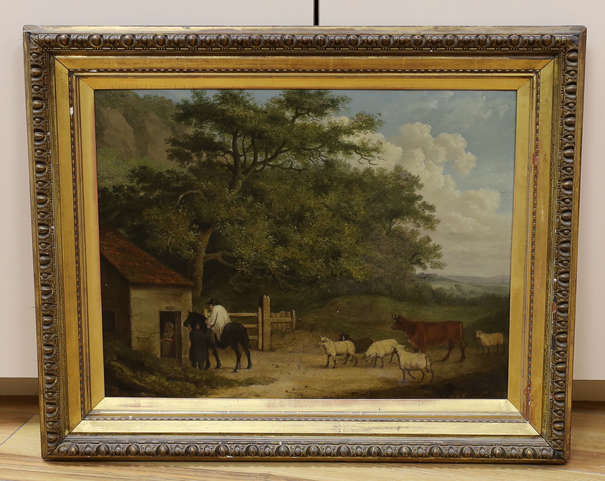 After George Morland, oil on mill board, Cattle drover in a landscape, bears signature, 36 x 47cm